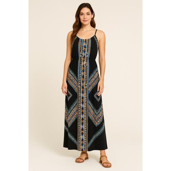 Bailey Blue Maxi Dress L Tribal Geometric Print Black Boho Fall Style - Picture 2 of 7
